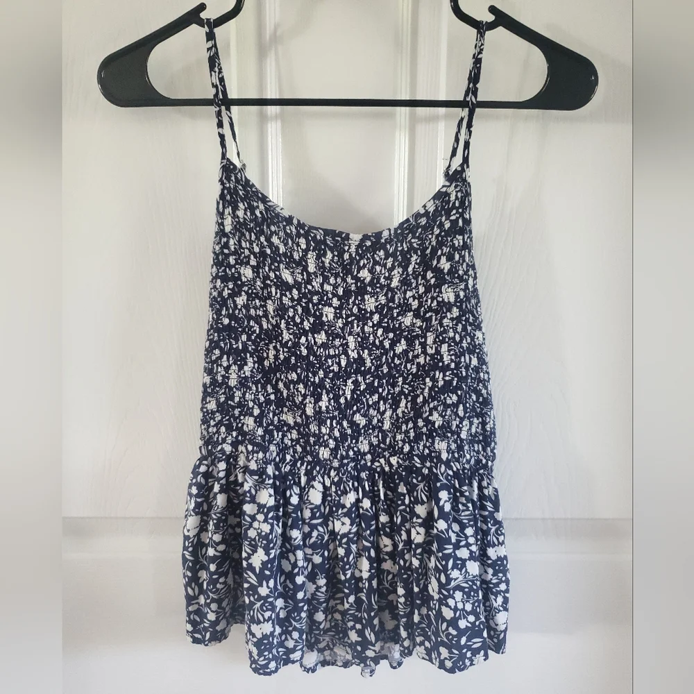 Floral Print Navy and White Women's Spaghetti Strap Scrunch/Flowy Top #MP - Picture 3 of 8